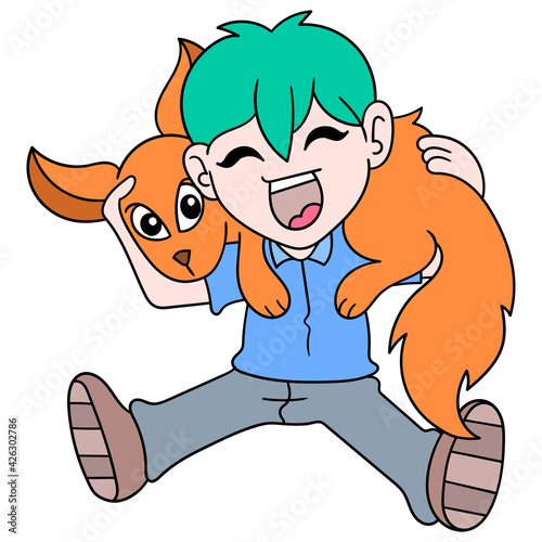 boy is having fun warming himself using his pet cat fur. doodle icon image kawaii