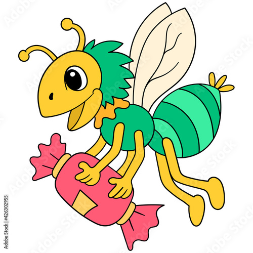 Insects that love sweet food fly with candy. doodle icon image kawaii