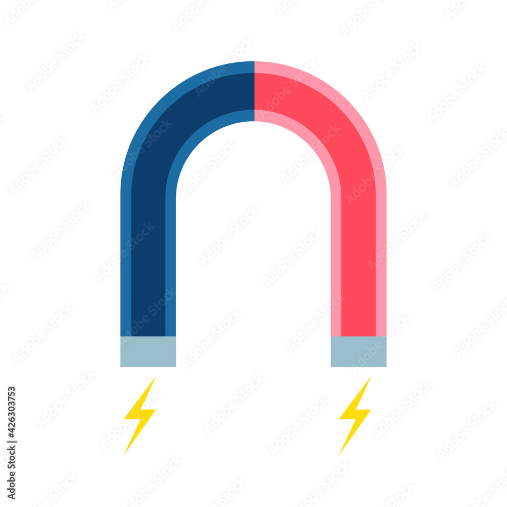 Red and blue horseshoe magnet with small lightnings on poles. Red and blue horseshoe magnet with small lightnings on poles.