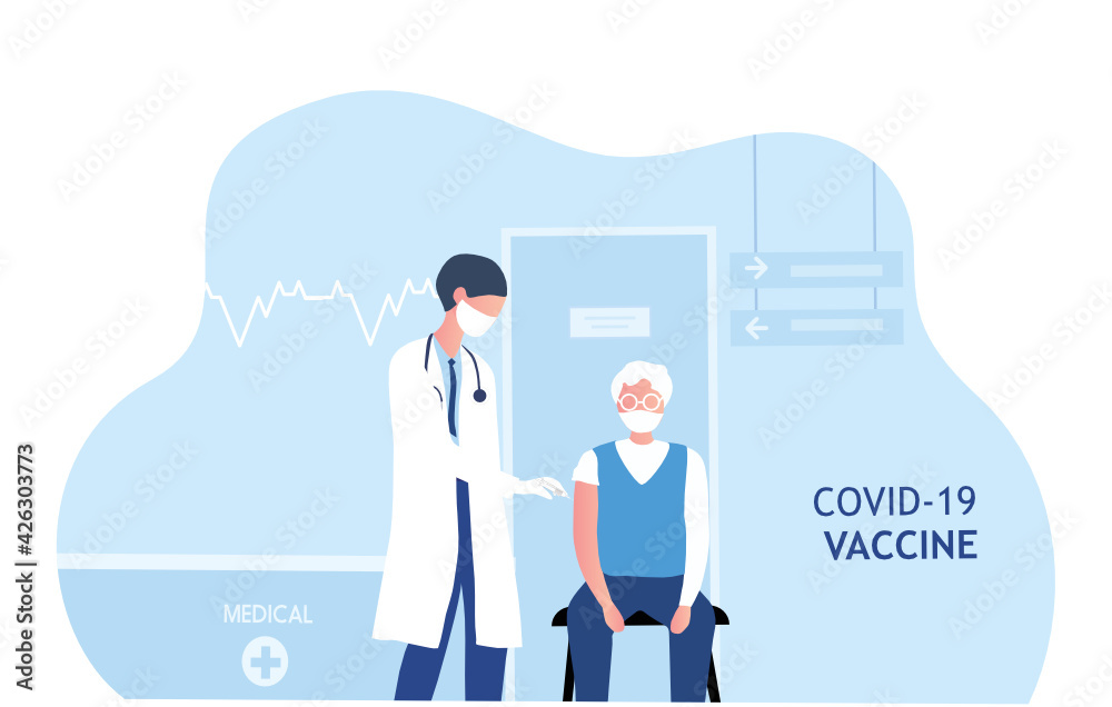 Doctor hand giving vaccine Covid-19 to older man. Vaccination and prevention against covid-19 coronavirus disease pandemic vector illustration Doctor hand giving vaccine Covid-19 to older man. Vaccination and prevention against covid-19 coronavirus disease pandemic vector illustration