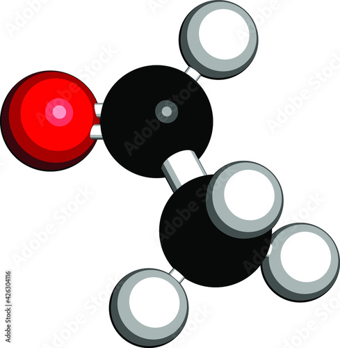 Acetaldehyde (ethanal) molecule, chemical structure. Acetaldehyde is a toxic molecule responsible for many symptoms of alcohol hangover.  3D rendering. Atoms are represented as spheres.