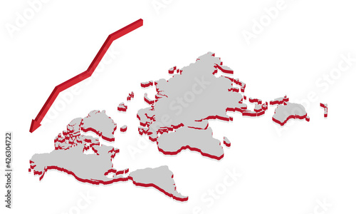 Isometric map of the world with a downward arrow. Global downgrade concept  Vector illustration isolated on white background 