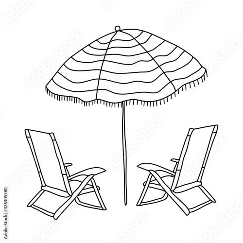 bitmap image of a beach umbrella and beach chairs, isolated image, black outline of elements on a white background
