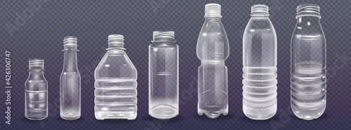 Plastic bottles set. Empty realistic plastic bottle. Vector illustration of a 3d transparent bottle with a blank sticker.