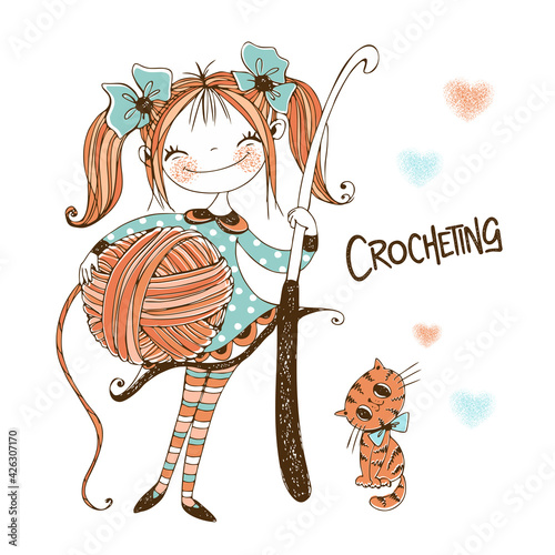 Cute needlewoman girl with a crochet hook in her hands. Vector