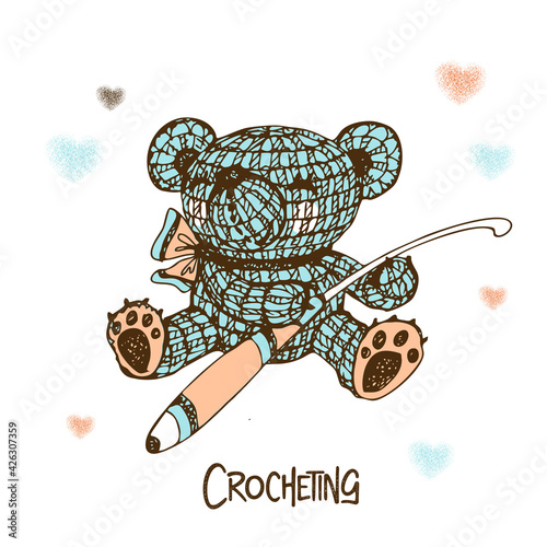 Knitted teddy bear with a crochet hook. Vector