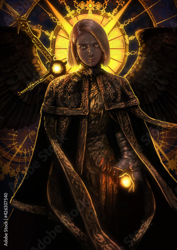 Bild auf Leinwand A beautiful girl with a stained-glass sun behind, she is a dark angel, with a huge sword behind her back, she is wearing golden black robes