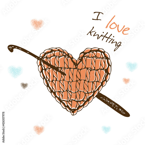 A knitted heart with a crochet hook. I love knitting. Vector