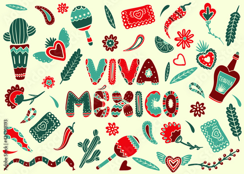 Vector elements for Mexico Independence Day. Viva Mexico lettering