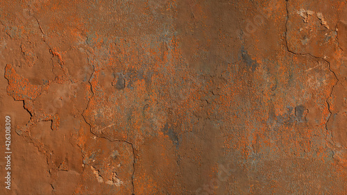 Grunge brown orange rusty damaged concrete cement facade, peeled off plaster, weathered aged rustic rust wall, with cracks, texture background