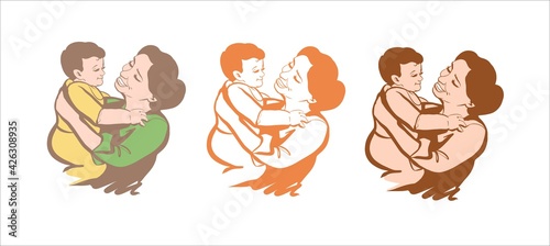 Set of sketches for Happy Mother s Day. Happy mom and baby playing and cuddling.