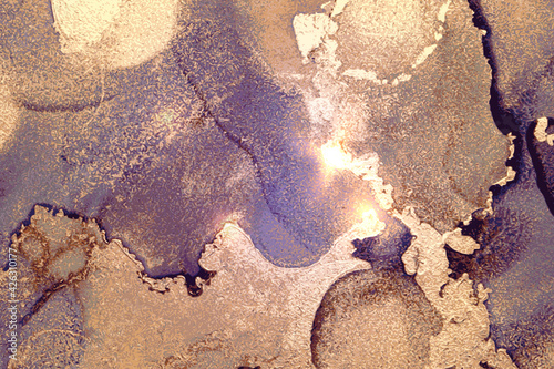 Gold and purple abstract alcohol ink marble texture. Vector shining background with natural pattern and glitter. Template for banner, poster design. Fluid art painting