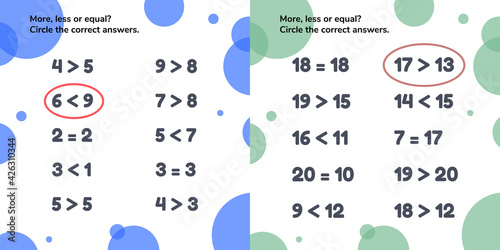 True or false. More, less or equal. Educational math game for kids preschool and school age. Set worksheets.