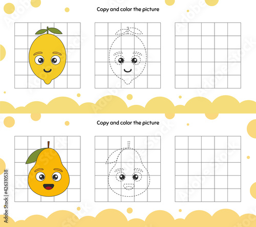 Educational game for attention for children of kindergarten and preschool age. Repeat the illustration. Copy and color the picture.