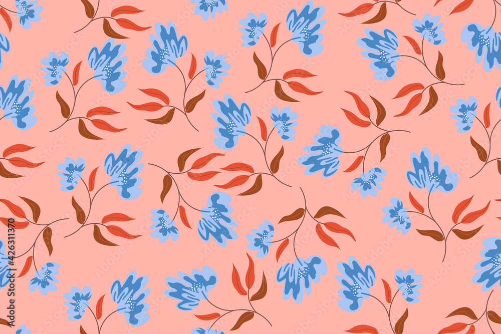 Abstract spring flower pattern. Seamless pattern design for wrapping paper, stationery, textiles. Vector illustrated nerds. Blue flowers with orange leaves on a red background . 