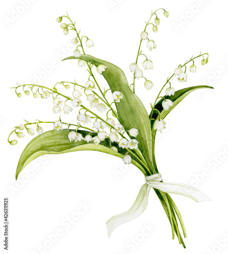 A bouquet of lilies of the valley, tied with a ribbon. Watercolor illustration of spring flowers.