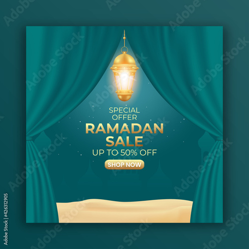 Ramadan sale ads banner with curtain and lantern. editable social media post template for promotion.