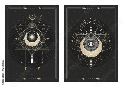 Vector dark illustrations with sacred geometry symbols, grunge textures and frames. Images in black, white and gold.