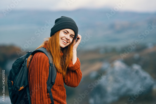 cheerful woman hiker mountains nature landscape travel vacation