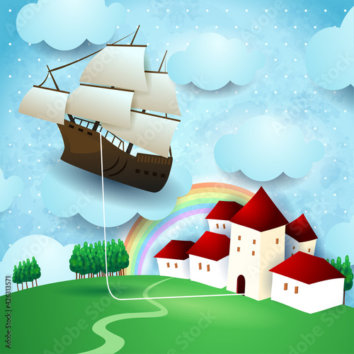 Flying vessel hanging at the home on country landscape, vector illustration eps10
