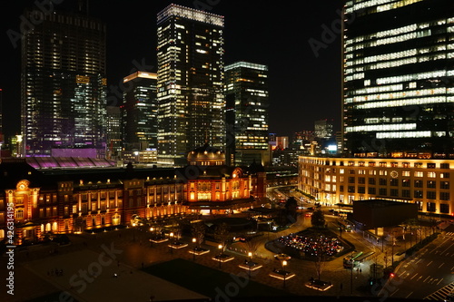 Tokyo Station and skyscraper at night in Tokyo  Japan -                        