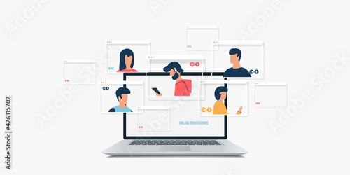 Online conference, laptop over white illustration