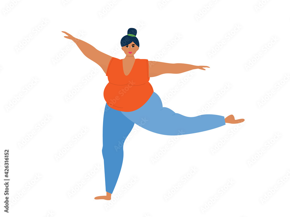 fat girl doing yoga, standing on one leg. Isolated character on a white  background. Exercise, stretching, weight loss. Vector illustration Stock  Vector | Adobe Stock