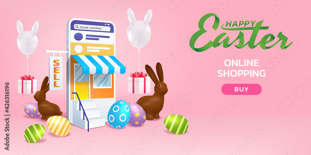 Easter's day online shopping by smartphone, 3d mobile with chocolate rabbits, beautiful painted eggs, chat message, gift box, and bunny balloon delivery on pink background Easter's day online shopping by smartphone, 3d mobile with chocolate rabbits, beautiful painted eggs, chat message, gift box, and bunny balloon delivery on pink background
