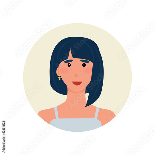 avatar of a young brunette with a bob haircut in a silver sundress. Unique youth badge for thematic women's forums, emails, chatbots, support. Vector illustration