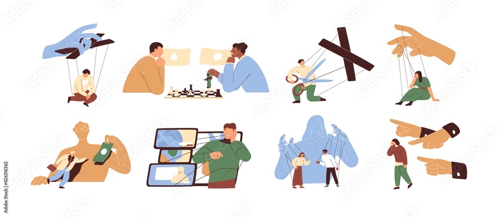 Concept of manipulation and control over people. Puppet masters' hands influencing marionettes and manipulating human slaves. Colored flat graphic vector illustration isolated on white background