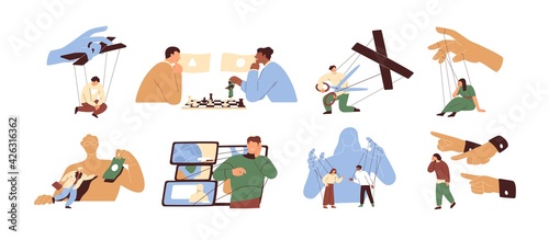 Concept of manipulation and control over people. Puppet masters' hands influencing marionettes and manipulating human slaves. Colored flat graphic vector illustration isolated on white background