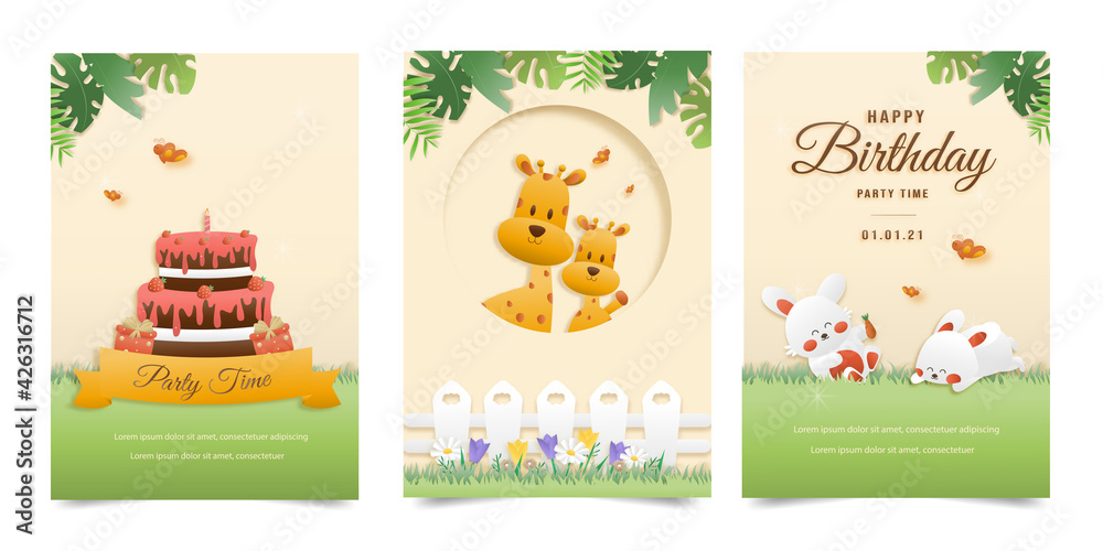 Set banner Invitation birthday cute greeting card. jungle animals celebrate children's birthday and template invitation paper and papercraft style vector illustration. Theme happy birthday.