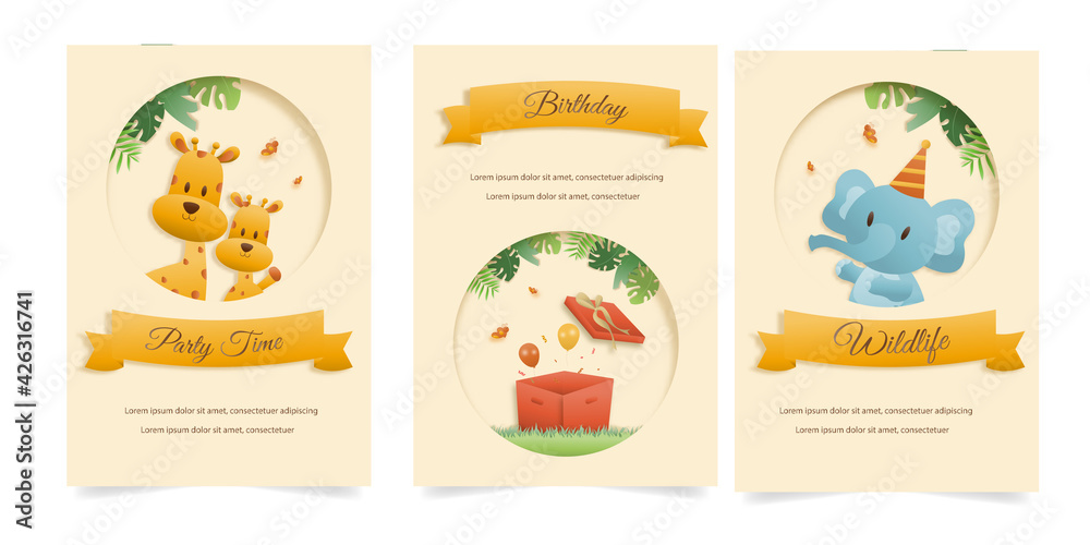 Set banner Invitation birthday cute greeting card. jungle animals celebrate children's birthday and template invitation paper and papercraft style vector illustration. Theme happy birthday.