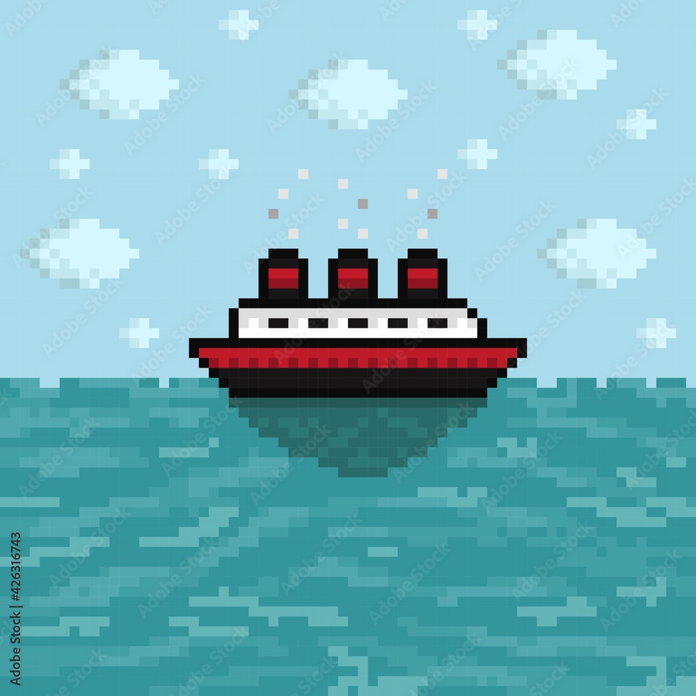 Boat pixel art. Ship pixel art. Vector illustration.