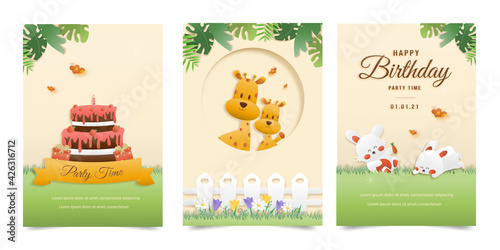 Set banner Invitation birthday cute greeting card. jungle animals celebrate children's birthday and template invitation paper and papercraft style vector illustration. Theme happy birthday.