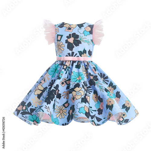 Summer blue dress for girls with a full skirt on a white background . Children's clothing
