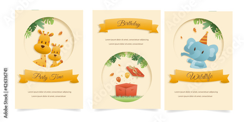 Set banner Invitation birthday cute greeting card. jungle animals celebrate children's birthday and template invitation paper and papercraft style vector illustration. Theme happy birthday.