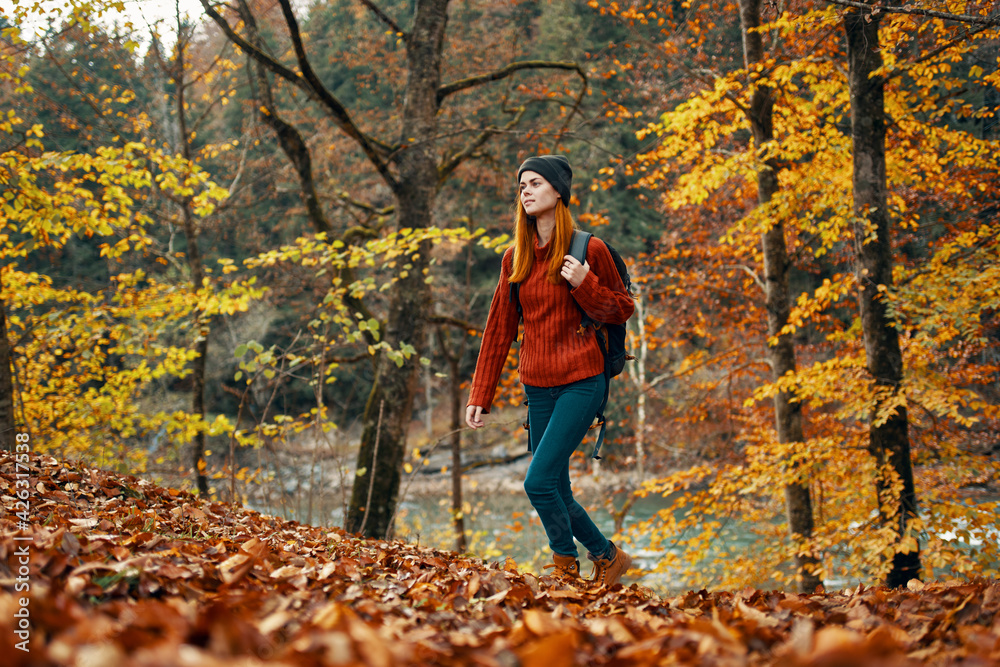 happy woman hiker with a backpack on her back in jeans and a red sweater in the autumn forest park landscape happy woman hiker with a backpack on her back in jeans and a red sweater in the autumn forest park landscape