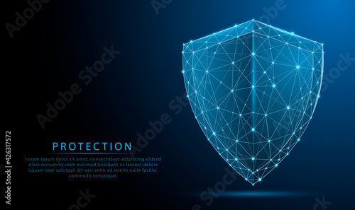 3d Futuristic glowing low polygonal guard shield symbol isolated on dark blue background. Cyber security. data protection concept. Modern wireframe design vector illustration. photo