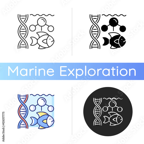 Marine biology icon. Scientific study of marine life and organisms in sea or ocean. Habitats studied in marine biology. Linear black and RGB color styles. Isolated vector illustrations