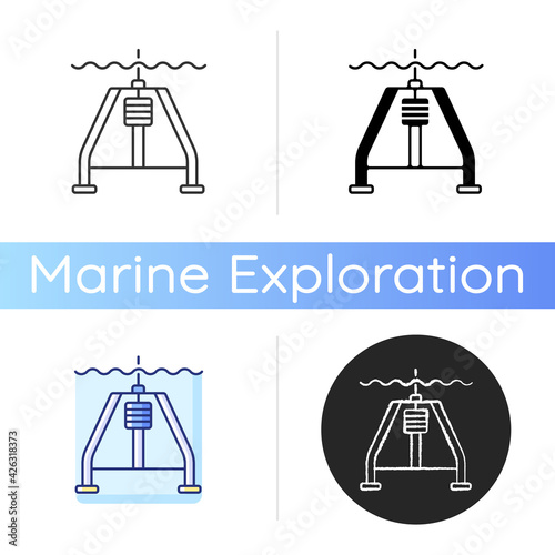 Hydraulically damped gravity corer icon. Instrument used to sample sediments from ocean floor by penetrating sediment slowly. Linear black and RGB color styles. Isolated vector illustrations