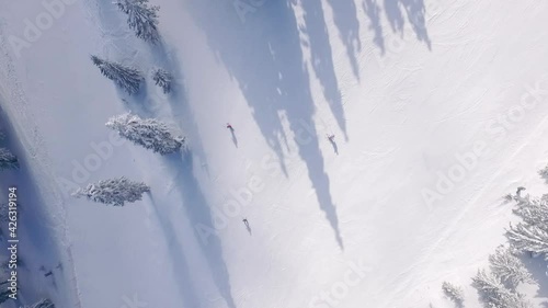 Birdeye Skiers on Snowy Mountain