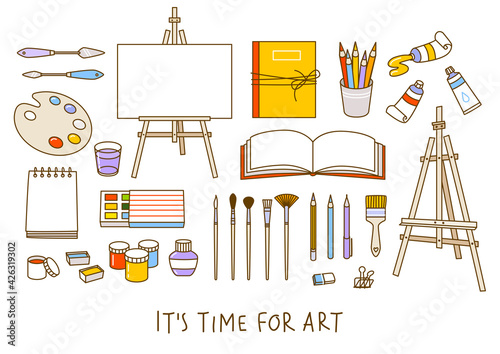 Set of art supplies isolated on white - easel, sketchbooks, paints, watercolor, palette, brushes, drawing pencils - cartoon objects for happy art design