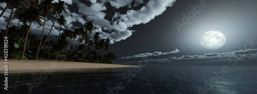 Beach with palm trees under the moon, night seascape, palm trees on the coast at night, 3D rendering