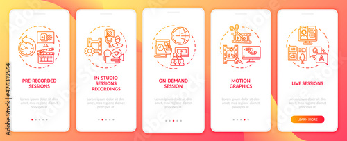 Online event content onboarding mobile app page screen with concepts. On-demand, in-studio session walkthrough 5 steps graphic instructions. UI, UX, GUI vector template with linear color illustrations