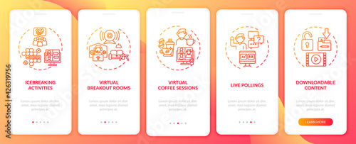 Online events success onboarding mobile app page screen with concepts. Icebreaking, breakout room walkthrough 5 steps graphic instructions. UI, UX, GUI vector template with linear color illustrations