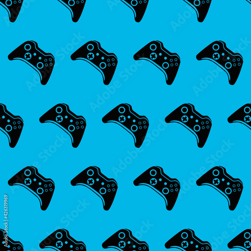 Silhouette of gamepad on blue background. Seamless wallpaper with same gamepad. Vector.