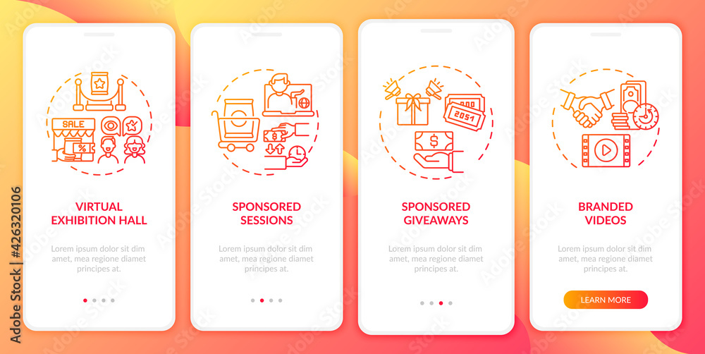 Sponsorship online events onboarding mobile app page screen with concepts. Sponsored sessions walkthrough 4 steps graphic instructions. UI, UX, GUI vector template with linear color illustrations Sponsorship online events onboarding mobile app page screen with concepts. Sponsored sessions walkthrough 4 steps graphic instructions. UI, UX, GUI vector template with linear color illustrations