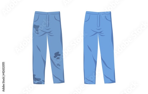Dirty untidy jeans with stains and neat clean pants isolated on white background. Fresh tidy trousers with removed mud and spots. Muddy and washed clothes. Colored flat vector illustration