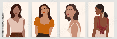 Women Portrait abstract art background vector. Surreal faces stylish girls in trendy clothes with different post. wall art design collection. Set off modern female avatars vector illustration.